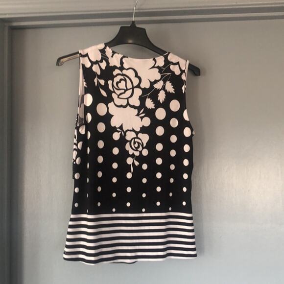 Dusak size XL black white Floral Dots sleeveless V Neck top Stretchy Babydoll - Picture 2 of 6